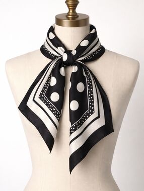 100% Silk Scarf Vintage Liz Claiborne Black White Polka Dot Square Classic Neck